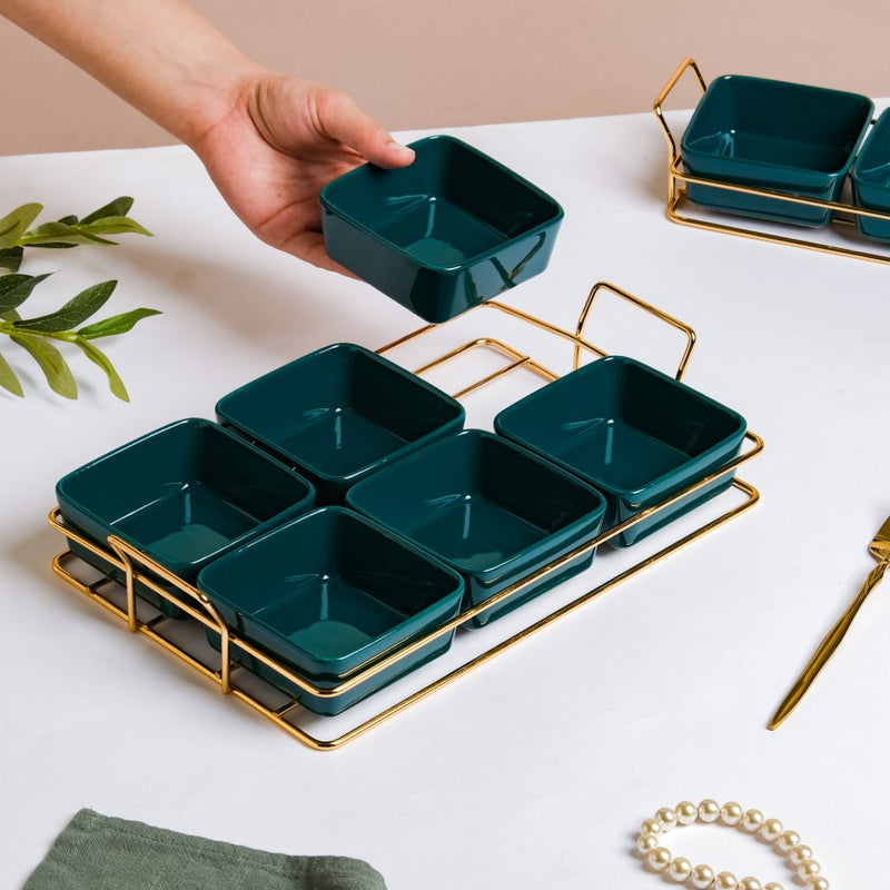 Pine Green Glossy Ceramic Bowls And Tray Set Of 7 200ml - Bowls, serving bowls, snack serving bowls, section bowls, fancy serving bowls, small serving bowls | Bowls for dining table & home decor