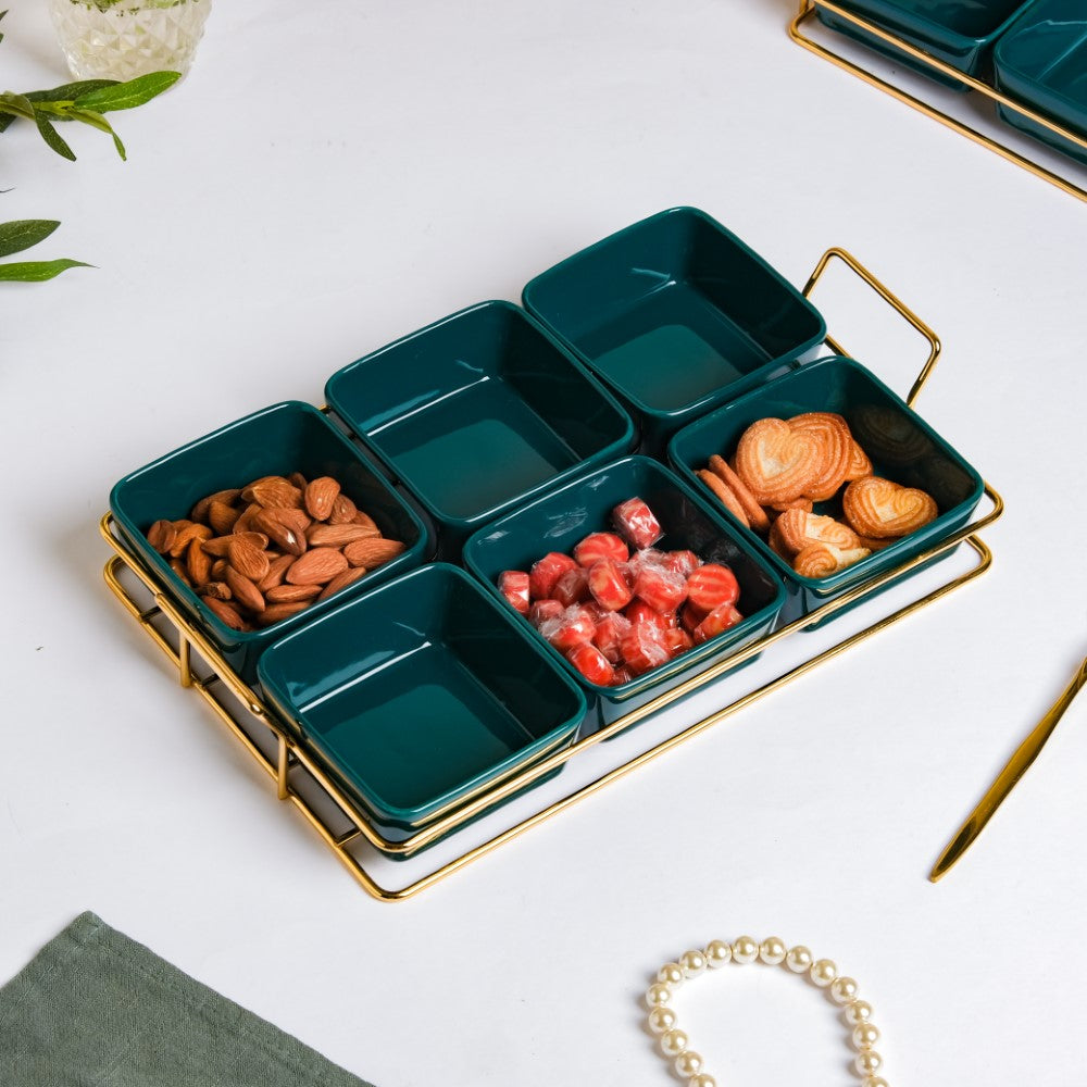 Pine Green Glossy Ceramic Bowls And Tray Set Of 7 200ml