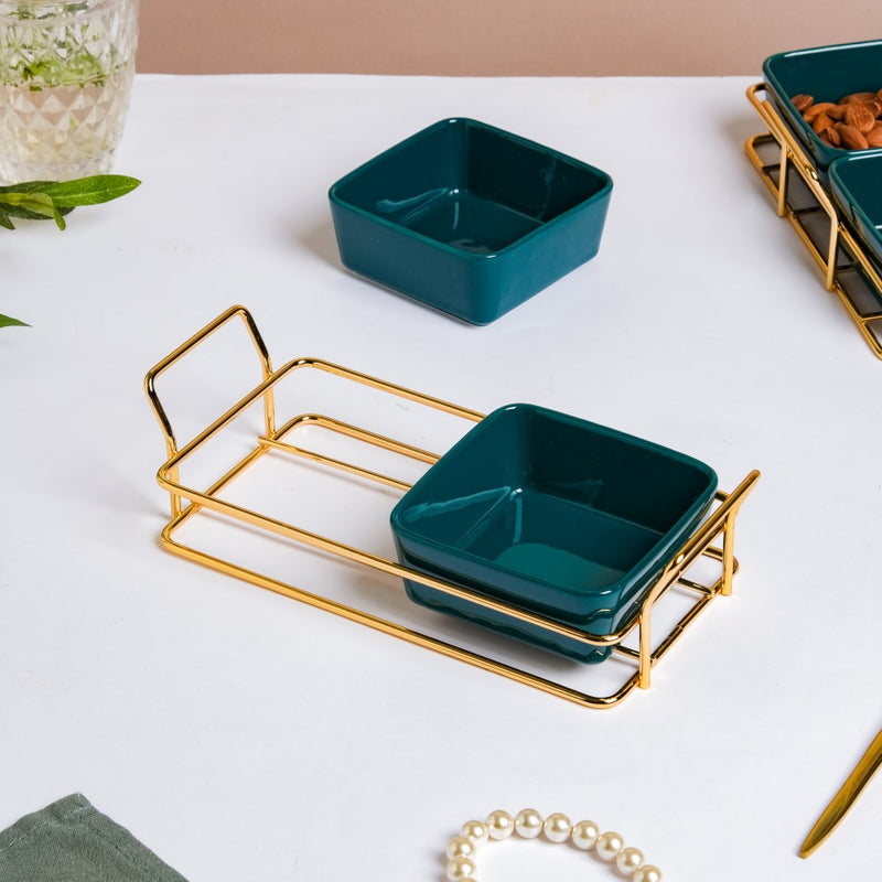 Green Glossy Ceramic Bowls And Tray Set Of 3 200ml - Serving bowls, snack serving bowls, section bowls, fancy serving bowls, small serving bowls | Dining table & home decor