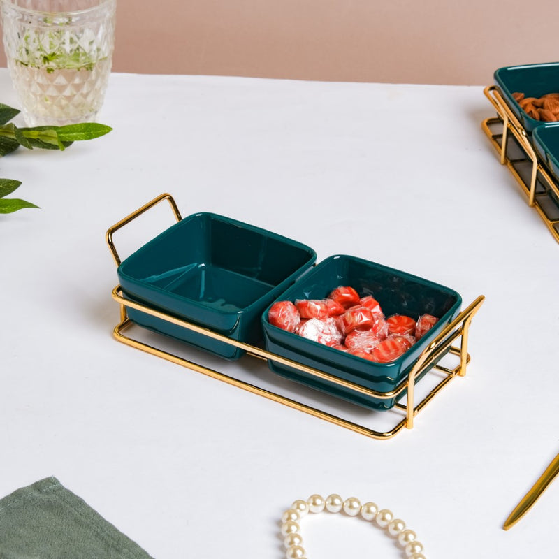 Green Glossy Ceramic Bowls And Tray Set Of 3 200ml - Serving bowls, snack serving bowls, section bowls, fancy serving bowls, small serving bowls | Dining table & home decor