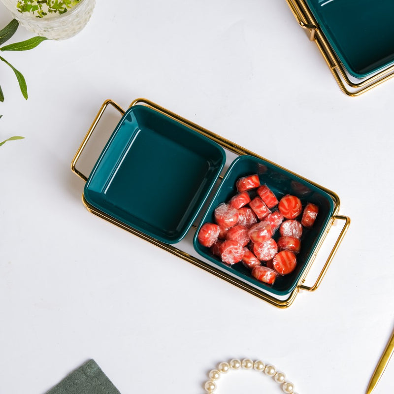 Green Glossy Ceramic Bowls And Tray Set Of 3 200ml - Serving bowls, snack serving bowls, section bowls, fancy serving bowls, small serving bowls | Dining table & home decor
