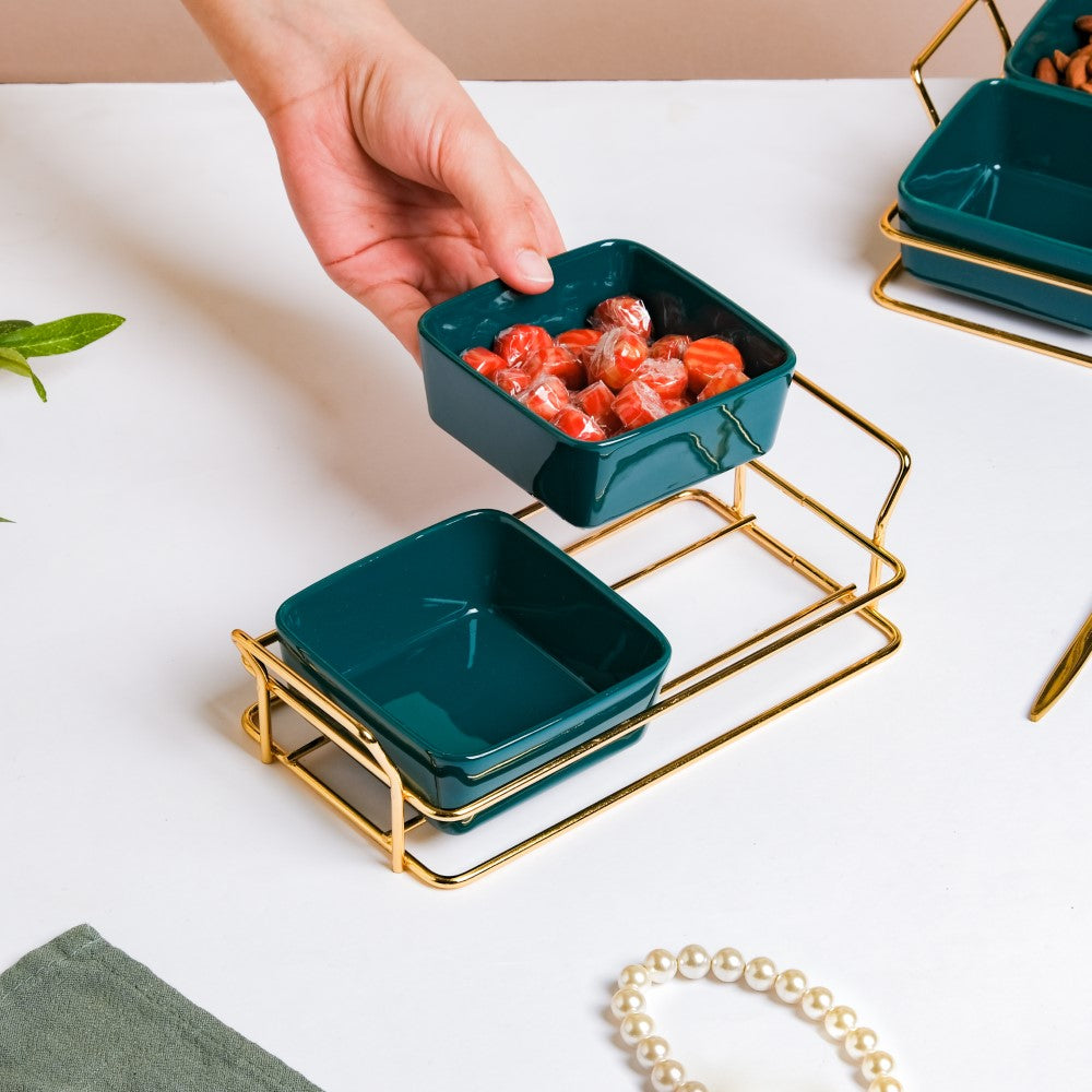 Green Glossy Ceramic Bowls And Tray Set Of 200ml