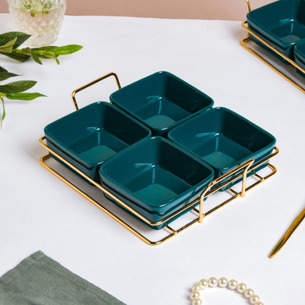 Pine Green Glossy Ceramic Bowls And Tray Set Of 5 200ml