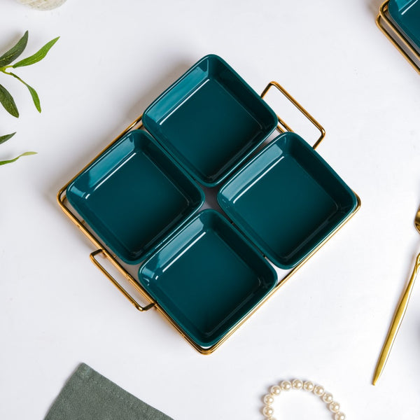 Pine Green Glossy Ceramic Bowls And Tray Set Of 5 200ml - Bowls, serving bowls, snack serving bowls, section bowls, fancy serving bowls, small serving bowls | Bowls for dining table & home decor