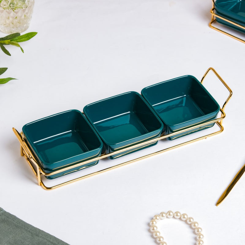 Pine Green Glossy Ceramic Bowls And Tray Set Of 4 200ml - Bowls, serving bowls, snack serving bowls, section bowls, fancy serving bowls, small serving bowls | Bowls for dining table & home decor