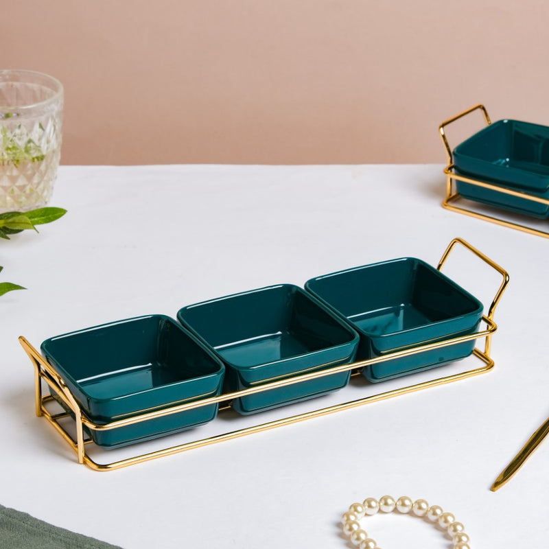 Pine Green Glossy Ceramic Bowls And Tray Set Of 4 200ml - Bowls, serving bowls, snack serving bowls, section bowls, fancy serving bowls, small serving bowls | Bowls for dining table & home decor