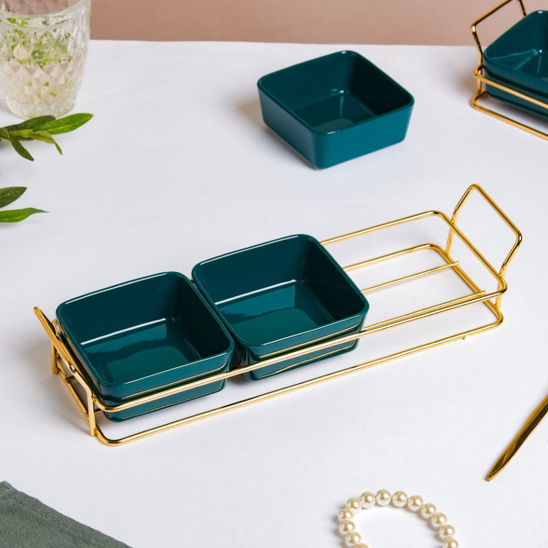 Pine Green Glossy Ceramic Bowls And Tray Set Of 4 200ml - Bowls, serving bowls, snack serving bowls, section bowls, fancy serving bowls, small serving bowls | Bowls for dining table & home decor