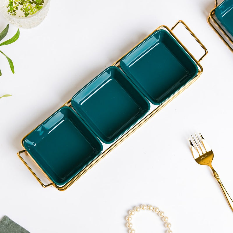 Pine Green Glossy Ceramic Bowls And Tray Set Of 4 200ml - Bowls, serving bowls, snack serving bowls, section bowls, fancy serving bowls, small serving bowls | Bowls for dining table & home decor