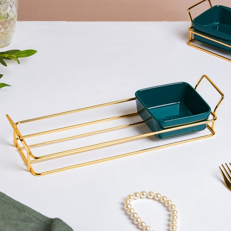 Pine Green Glossy Ceramic Bowls And Tray Set Of 4 200ml - Bowls, serving bowls, snack serving bowls, section bowls, fancy serving bowls, small serving bowls | Bowls for dining table & home decor