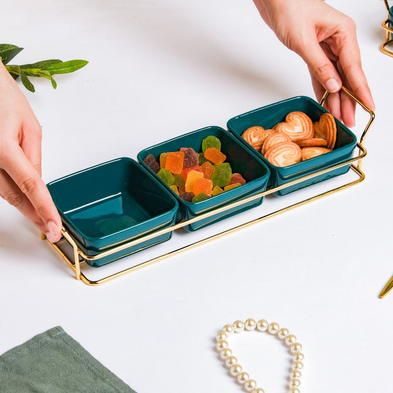 Pine Green Glossy Ceramic Bowls And Tray Set Of 4 200ml - Bowls, serving bowls, snack serving bowls, section bowls, fancy serving bowls, small serving bowls | Bowls for dining table & home decor