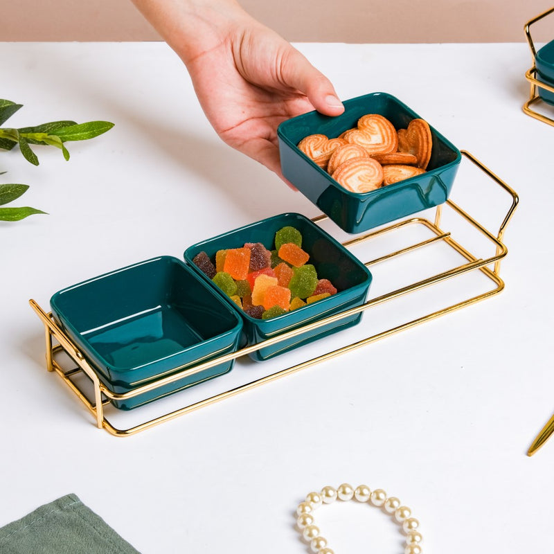 Pine Green Glossy Ceramic Bowls And Tray Set Of 4 200ml - Bowls, serving bowls, snack serving bowls, section bowls, fancy serving bowls, small serving bowls | Bowls for dining table & home decor