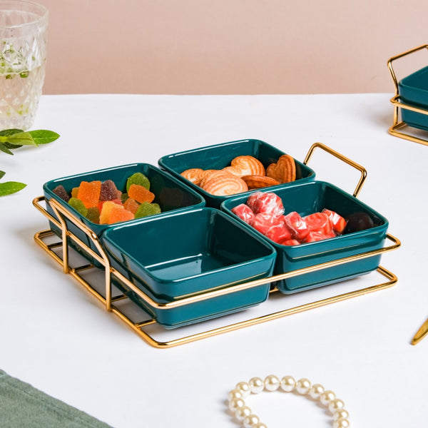 Pine Green Glossy Ceramic Bowls And Tray Set Of 5 200ml