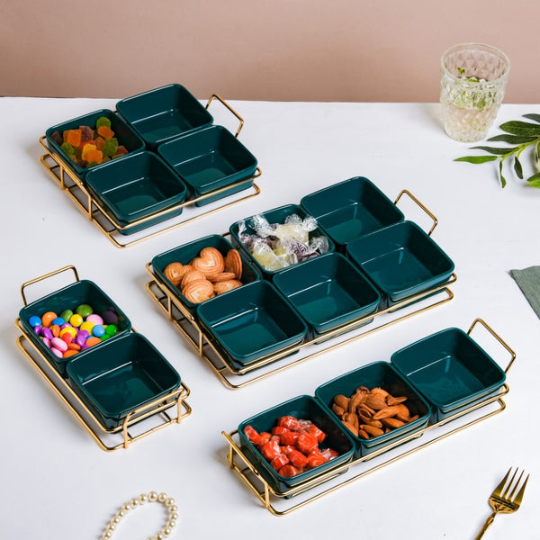 Green Glossy Ceramic Bowls And Tray Set Of 3 200ml - Serving bowls, snack serving bowls, section bowls, fancy serving bowls, small serving bowls | Dining table & home decor
