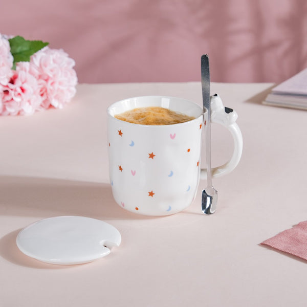 Hearty Party Starry Mug With Lid And Spoon 300 ml- Mug for coffee, tea mug, cappuccino mug | Cups and Mugs for Coffee Table & Home Decor