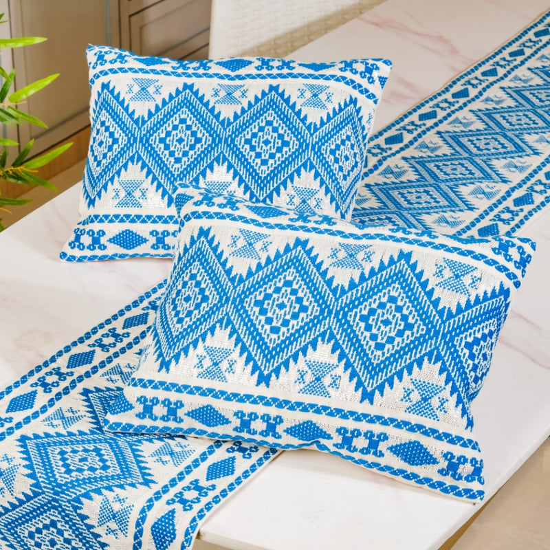 Traditional Cushion Cover And Runner Blue Set Of 3