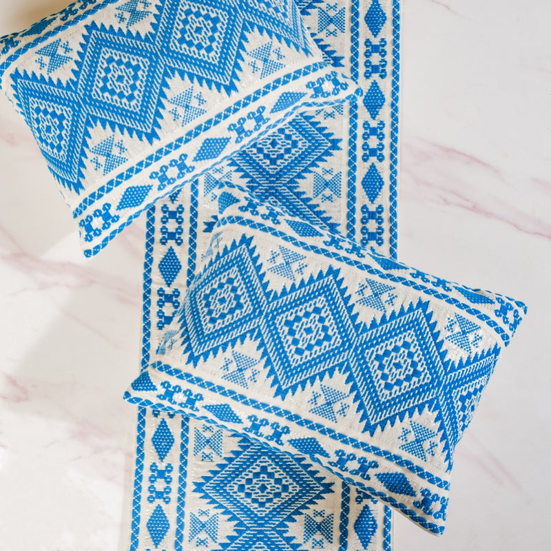 Traditional Cushion Cover And Runner Blue Set Of 3