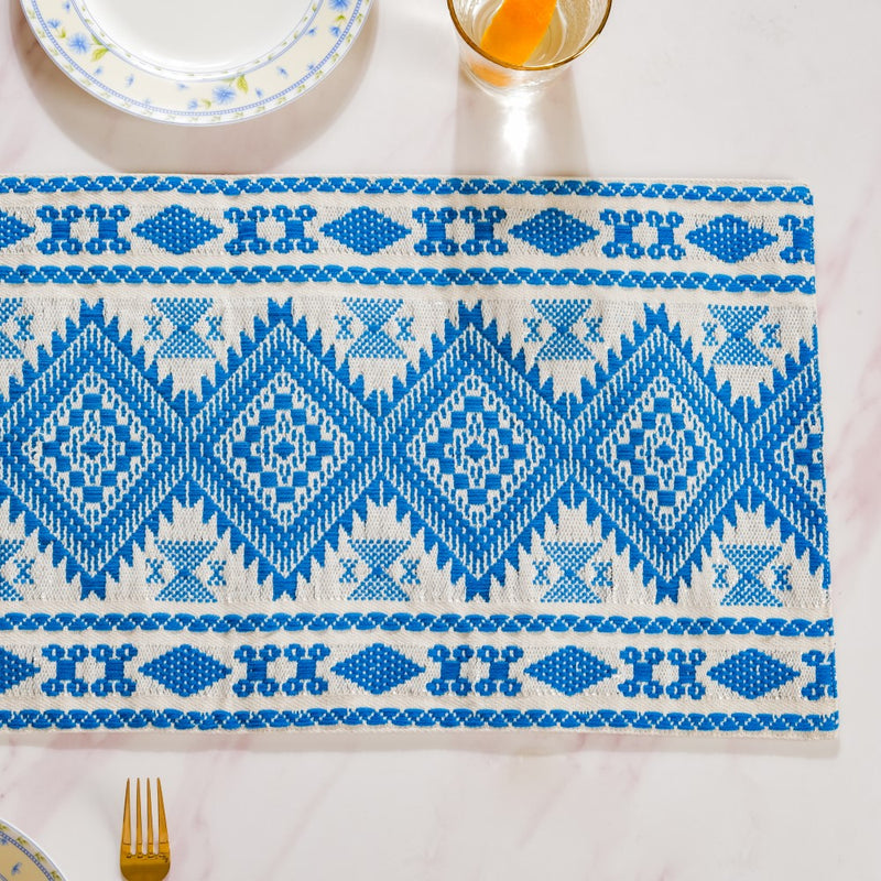 Traditional Handloom Cushion Cover And Runner Blue Set Of 3