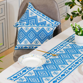 Traditional Handloom Cushion Cover And Runner Blue Set Of 3