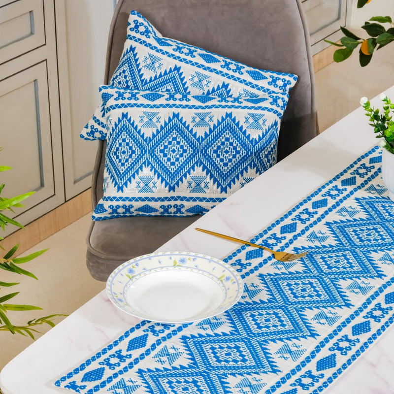Traditional Cushion Cover And Runner Blue Set Of 3