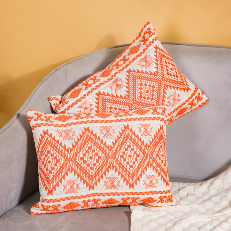Embroidered Cushion Cover And Runner Orange Set Of 3