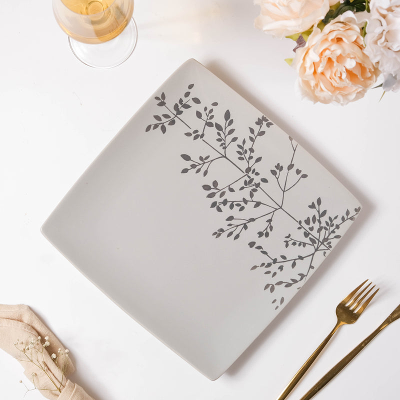 Ciara Sprig Square Plate Grey 10.5 Inch - Serving plate, snack plate, ceramic dinner plates| Plates for dining table & home decor