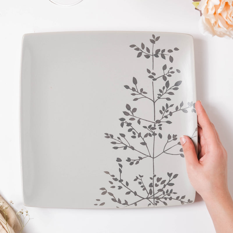 Ciara Sprig Square Plate Grey 10.5 Inch - Serving plate, snack plate, ceramic dinner plates| Plates for dining table & home decor