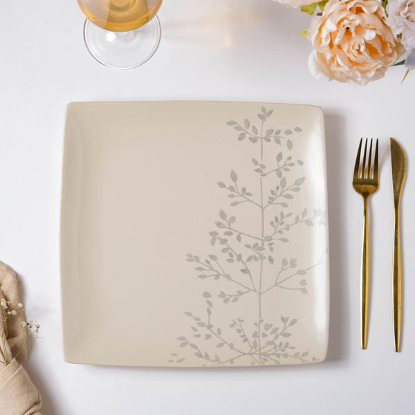 Pandora Sprig Square Plate White 10.5 Inch - Serving plate, rice plate, ceramic dinner plates| Plates for dining table & home decor