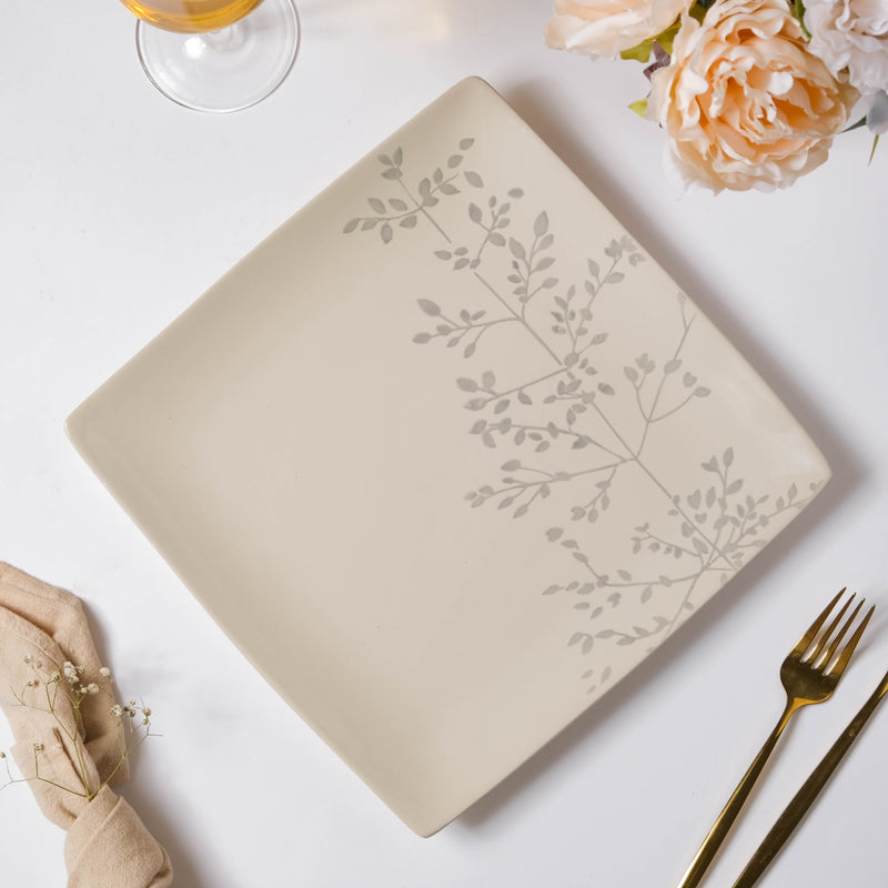 Pandora Sprig Square Plate White 10.5 Inch - Serving plate, rice plate, ceramic dinner plates| Plates for dining table & home decor
