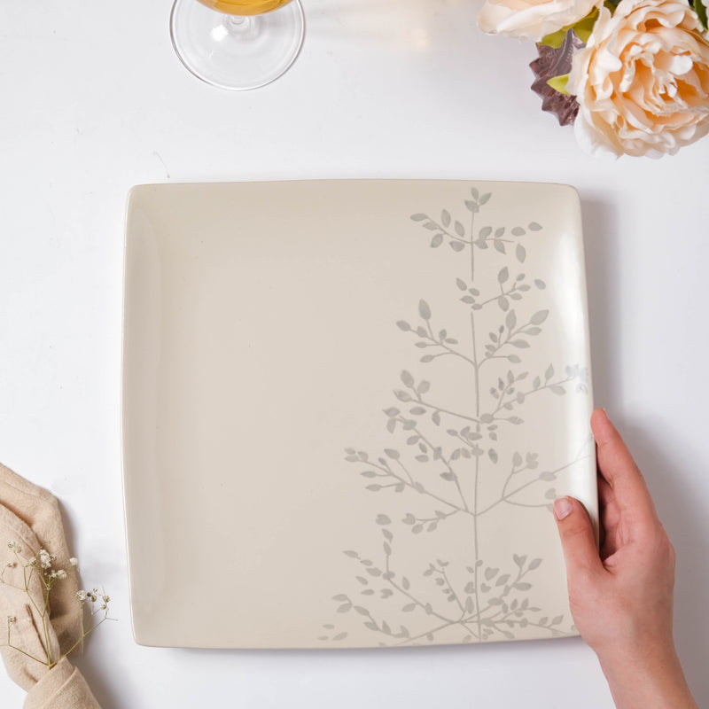 Pandora Sprig Square Plate White 10.5 Inch - Serving plate, rice plate, ceramic dinner plates| Plates for dining table & home decor