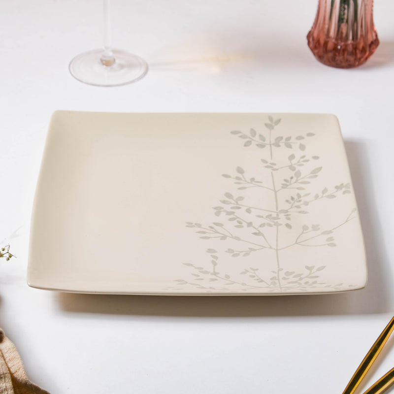 Pandora Sprig Square Plate White 10.5 Inch - Serving plate, rice plate, ceramic dinner plates| Plates for dining table & home decor