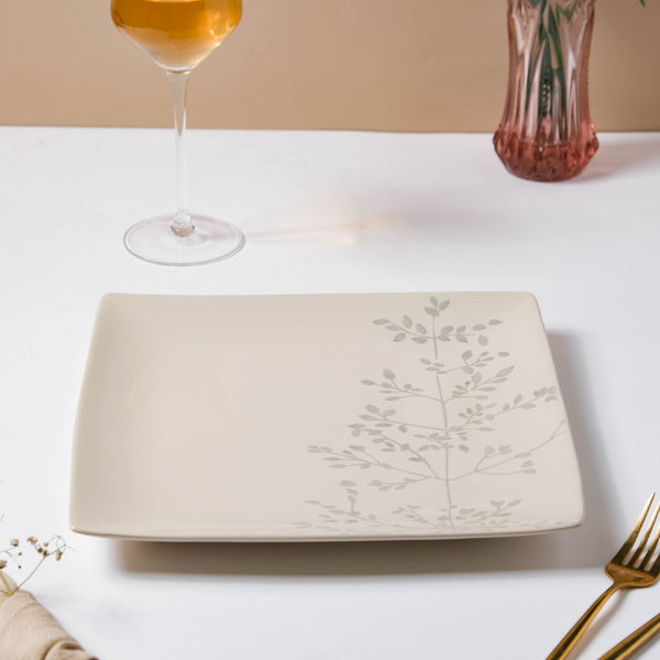 Pandora Sprig Square Plate White 10.5 Inch - Serving plate, rice plate, ceramic dinner plates| Plates for dining table & home decor