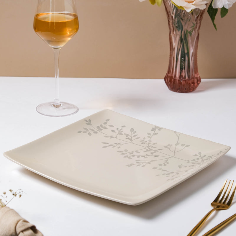 Pandora Sprig Square Plate White 10.5 Inch - Serving plate, rice plate, ceramic dinner plates| Plates for dining table & home decor