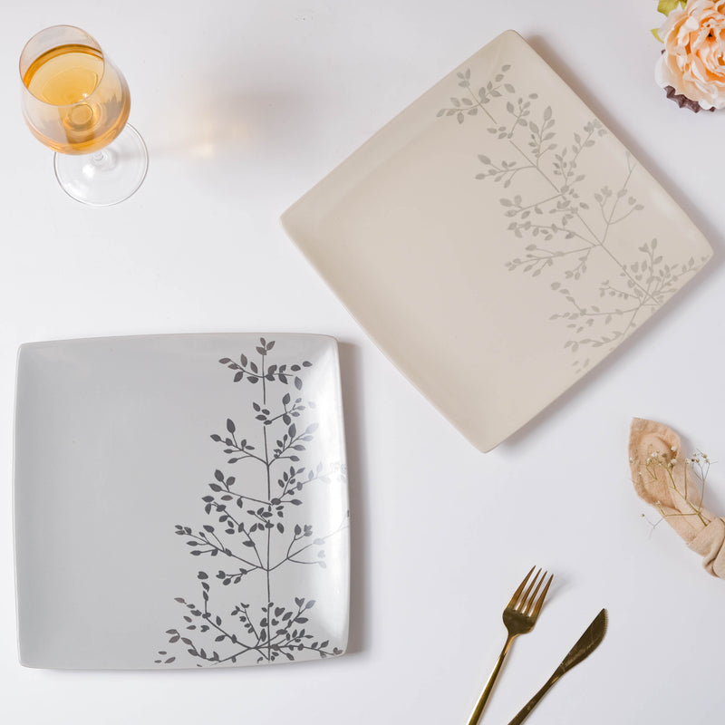 Pandora Sprig Square Plate White 10.5 Inch - Serving plate, rice plate, ceramic dinner plates| Plates for dining table & home decor