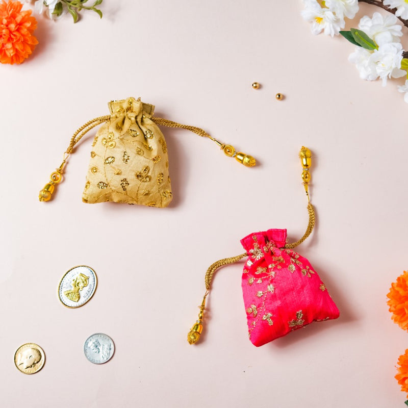 Kimaya Zari Floral Embroidered Shagun Potli Bag Set Of 2