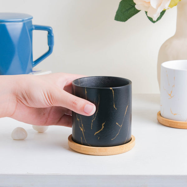 Midnight Black Planter With Coaster - Plant pot and plant stands | Room decor items