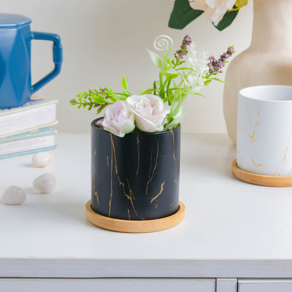 Midnight Black Planter With Coaster - Plant pot and plant stands | Room decor items