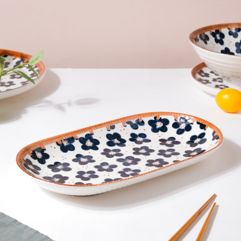 Sylvan Floral Patterned Ceramic Long Plate 11.5 Inch - Ceramic platter, serving platter, fruit platter | Plates for dining table & home decor