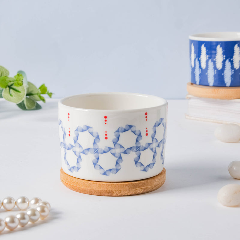 Blue Floral Japanese Planter And Wooden Coaster - Indoor planters and flower pots | Home decor items