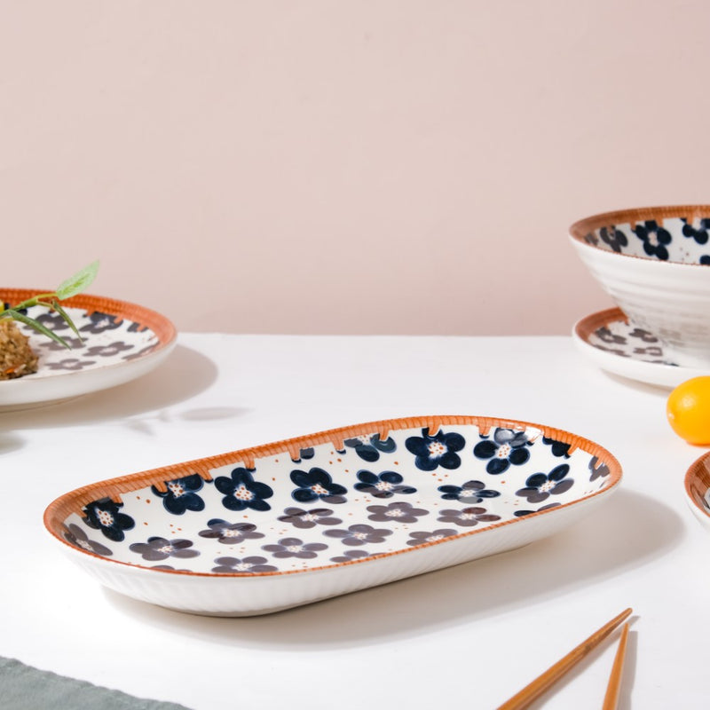 Sylvan Floral Patterned Ceramic Long Plate 11.5 Inch - Ceramic platter, serving platter, fruit platter | Plates for dining table & home decor