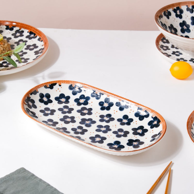 Sylvan Floral Patterned Ceramic Long Plate 11.5 Inch - Ceramic platter, serving platter, fruit platter | Plates for dining table & home decor