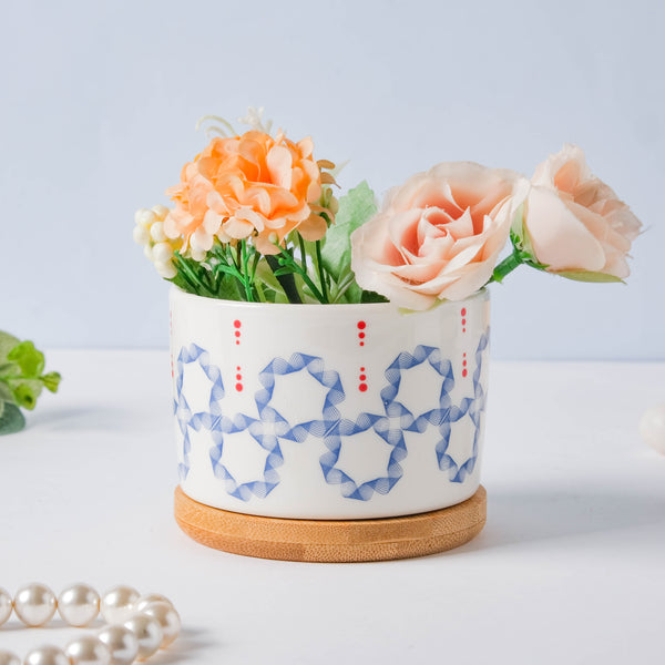 Blue Floral Japanese Planter And Wooden Coaster - Indoor planters and flower pots | Home decor items
