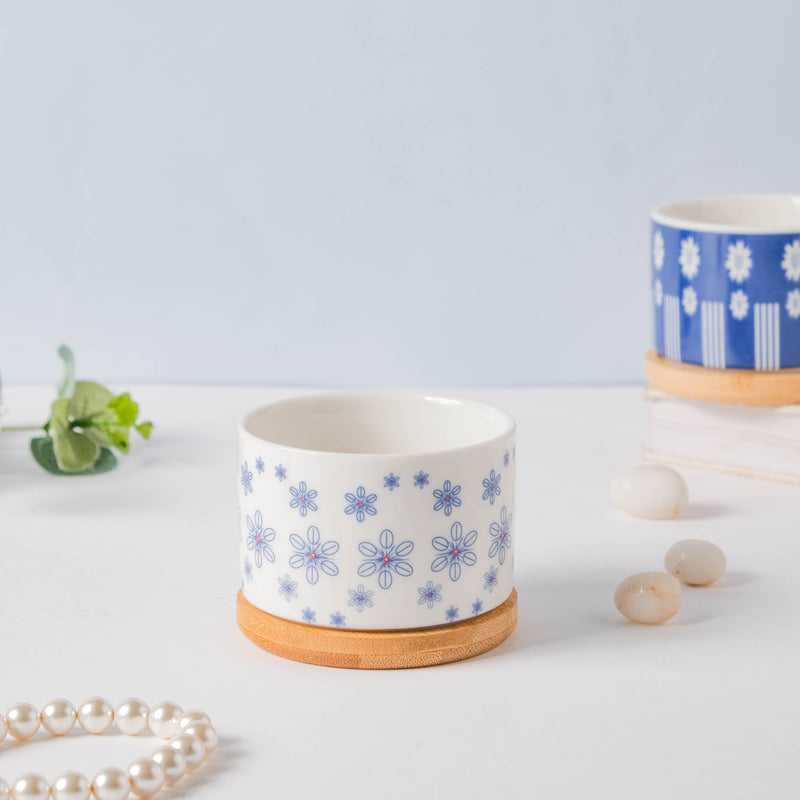 Blue Snowflake Japanese Planter And Wooden Coaster - Indoor planters and flower pots | Home decor items