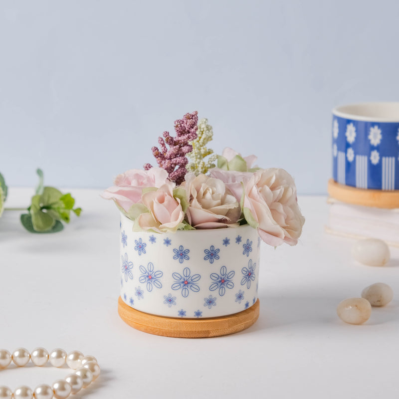 Blue Snowflake Japanese Planter And Wooden Coaster - Indoor planters and flower pots | Home decor items