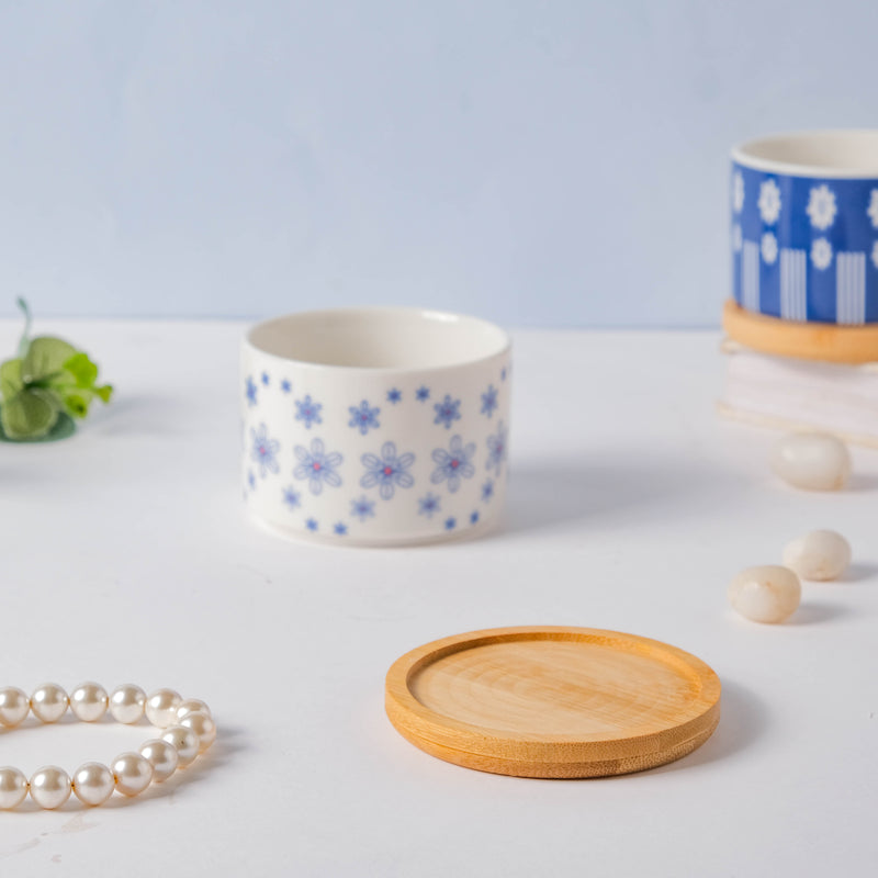 Blue Snowflake Japanese Planter And Wooden Coaster - Indoor planters and flower pots | Home decor items