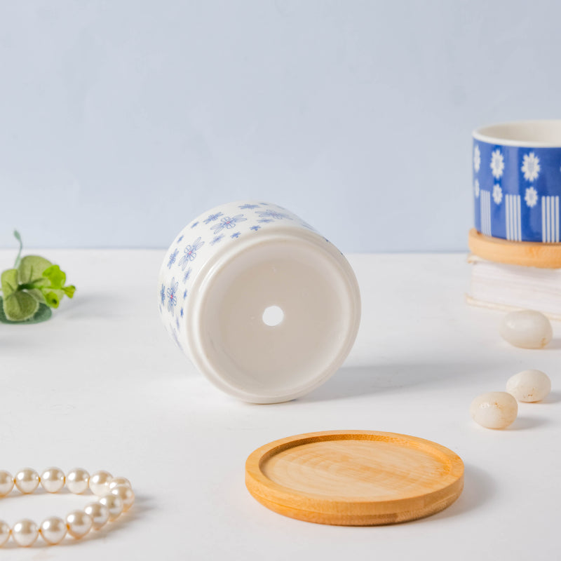 Blue Snowflake Japanese Planter And Wooden Coaster - Indoor planters and flower pots | Home decor items