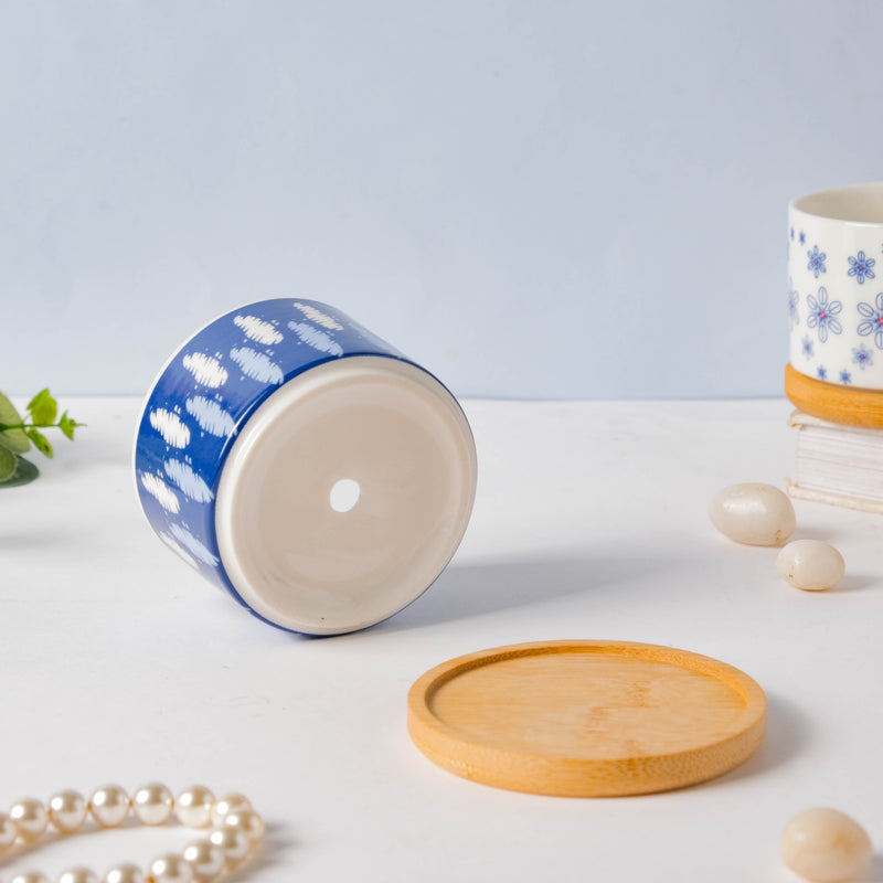 Blue Abstract Japanese Planter And Wooden Coaster - Indoor planters and flower pots | Home decor items