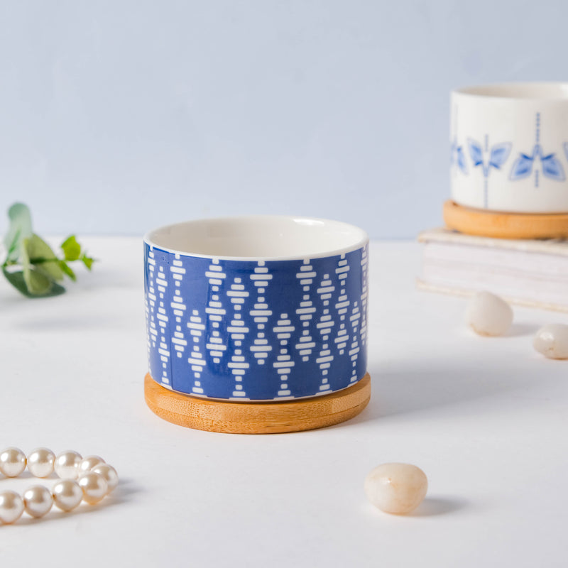 Blue Curtain Printed White Pattern Planter With Coaster - Indoor planters and flower pots | Home decor items