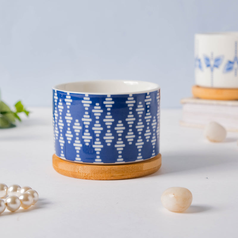 Blue Curtain Printed White Pattern Planter With Coaster - Indoor planters and flower pots | Home decor items
