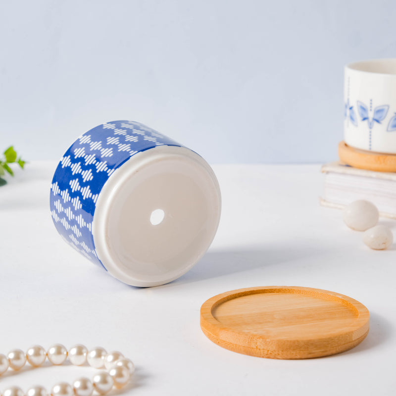 Blue Curtain Printed White Pattern Planter With Coaster - Indoor planters and flower pots | Home decor items