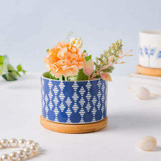 Blue Curtain Printed White Pattern Planter With Coaster